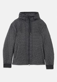 Gestepptes schwarzes Puffer-Jackett mit Kapuze, verfügt über einen Reißverschluss, Seitentaschen und ein strukturiertes Muster auf dem Stoff. Weiches, leichtes Material.