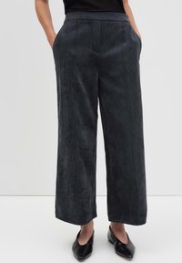 Pantaloni a gamba larga in corduroy grigio scuro, con una texture morbida, tasche laterali e dettagli a cucitura verticale. Adatti a diversi stili.