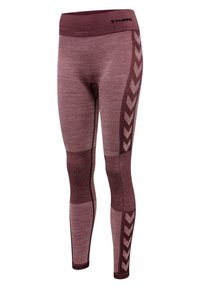 Bordowe legginsy do ćwiczeń z wysokim stanem, teksturowanym materiałem i wzorem w zygzak wzdłuż boków. Wykonane z elastycznego materiału.