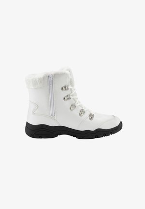 Weißer Winterstiefel mit Kunstpelzkragen, Schnürung vorne und seitlichem Reißverschluss. Schwarze Gummisohle mit strukturiertem Grip und verstärkter Zehenpartie.
