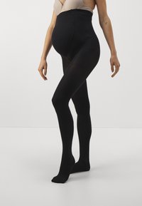 Sorte graviditetstights i svart med høy midje, med en glatt tekstur og ugjennomsiktig finish, designet for komfort og støtte under graviditet.