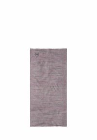 Buff halsdoek, lichtgewicht, met een patroon in tinten roze en grijs, met een logo in de linkerbovenhoek; zachte, elastische stof.