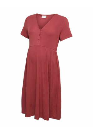 Vestido premamá de manga corta, color óxido, acanalado, con escote en V, apertura frontal con botones y falda fruncida para mayor comodidad y ajuste.