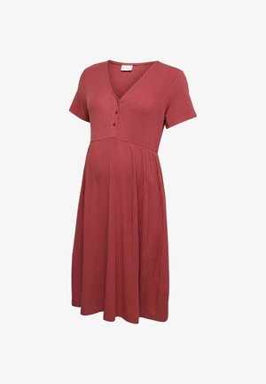 Korte mouwen, roestkleurige, geribbelde zwangerschapsjurk met V-hals, knoopsluiting aan de voorkant en een geplooide rok voor extra comfort en pasvorm.