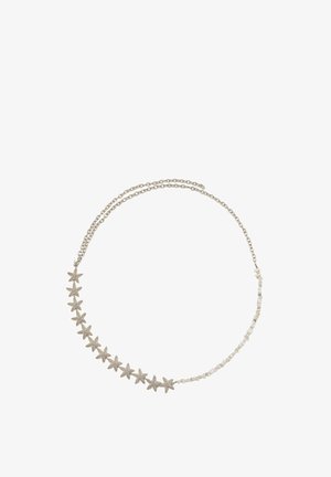 Silver necklace featuring starfish-shaped accents, interspersed with small white beads, on a dual-chain design with a textured finish.