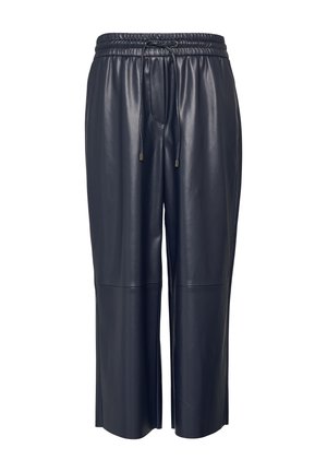 Marineblauwe leren broeken met een elastische tailleband en verstelbaar trekkoord. Kenmerkt een cropped ontwerp en een gladde textuur.