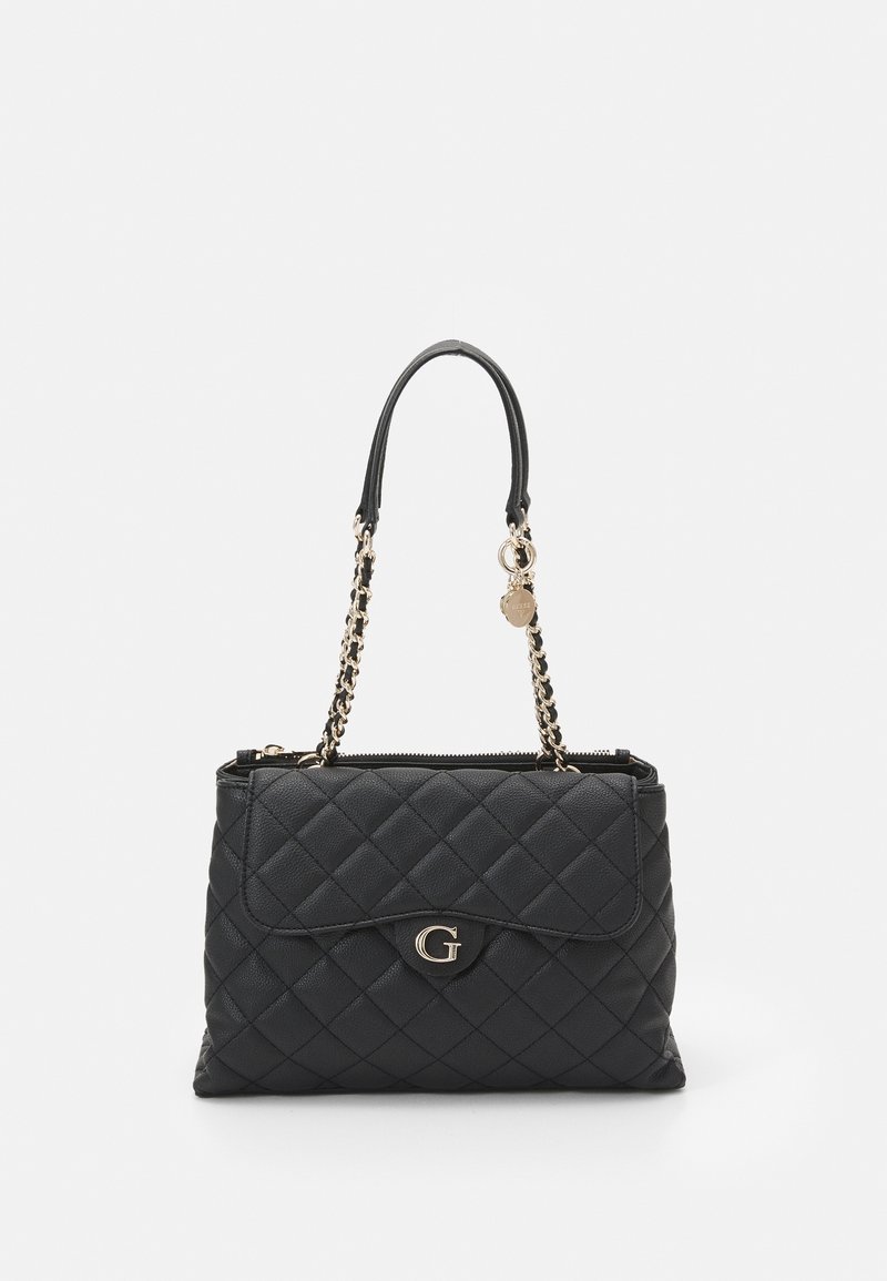 Sac à main en simili cuir noir matelassé avec double anses et quincaillerie dorée. Il dispose d'une fermeture à rabat et d'un accent logo décoratif.