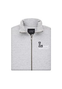 Szara rozpinana bluza z wysokim kołnierzem, z białym logo i napisem po lewej stronie. Wykonana z miękkiego, komfortowego materiału.