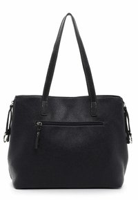 Sac fourre-tout en cuir noir avec texture grainée, deux poignées, poche zippée à l'avant et détail à frange sur le côté.