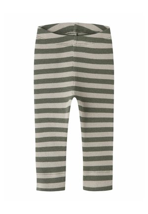 Leggings côtelés pour enfants à rayures horizontales vert olive et beige clair, taille élastique et jambes longueur cheville, présentés à plat.