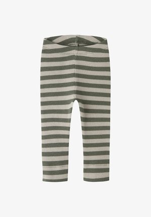 Leggings côtelés pour enfants à rayures horizontales vert olive et beige clair, taille élastique et jambes longueur cheville, présentés à plat.
