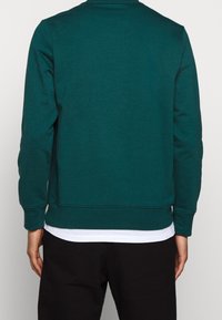 Sweat-shirt vert foncé avec un col rond, des poignets côtelés et un ourlet. Fabriqué en tissu lisse. Porté par-dessus une chemise blanche, vu de dos.