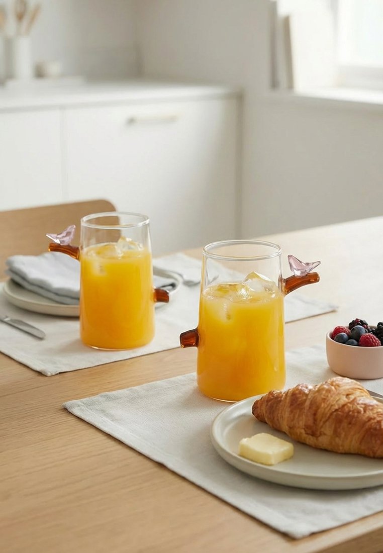 Dwa kieliszki soku pomarańczowego z lodem na stole zastawionym rogalikiem, masłem i miską mieszanych owoców leśnych w jasnej kuchni.