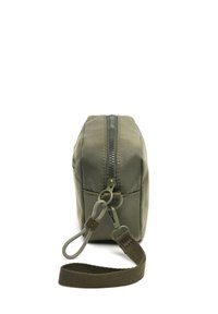 Khaki green bag with a rectangular shape, featuring a zipper top, textured fabric, and a detachable strap with hardware accents.