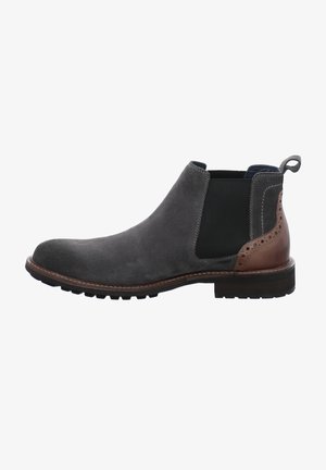 Graue Wildleder-Stiefelette mit elastischen Seitenteilen, braunen Lederakzenten, runder Zehenpartie und strukturiertem Gummisohle. Mit einer Lasche an der Ferse.