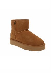 Stivale alla caviglia in suede marrone con punta arrotondata, fodera in shearling, suola in gomma resistente e discreto logo laterale. Finitura testurizzata.