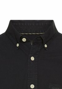Marineblaues Button-up-Hemd mit klassischem Kragen, ausgestattet mit vier weißen Knöpfen, einer Brusttasche und einem strukturierten Baumwollstoff.