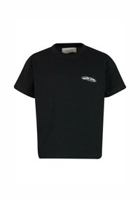 T-shirt in cotone nero con collo a giro e maniche corte. Sul lato sinistro del petto è presente un logo bianco "Another Cotton" con un design curvo.