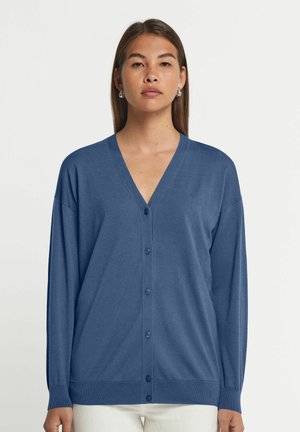 Blauer Cardigan mit V-Ausschnitt, Knopfverschluss, überschnittenen Schultern und gerippten Bündchen. Aus weichem Stoff gefertigt, mit einer lässigen Passform und glatter Textur.