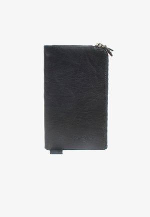 Schwarze Lederbörse, mit Reißverschluss, glatte Oberfläche, vertikales Design, geprägtes Logo, mit seitlichem Tab für einfache Handhabung.