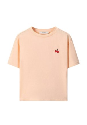 Peach-colored cotton T-shirt with short sleeves, round neckline, and small red cherry embroidery on the left chest.