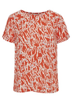 Crvena bluzica s kratkim rukavima s apstraktnim uzorkom u bijeloj i svijetloplavoj boji. Pamuk s ležernim krojem i okruglim izrezom.