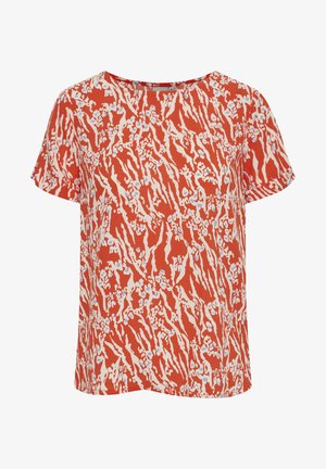 Crvena bluzica s kratkim rukavima s apstraktnim uzorkom u bijeloj i svijetloplavoj boji. Pamuk s ležernim krojem i okruglim izrezom.