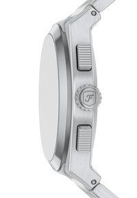 Srebrny zegarek ze stali nierdzewnej z gładką, zaokrągloną kopertą, dwoma teksturowanymi przyciskami i koronką z logo. Minimalistyczny design, bez oznaczeń.