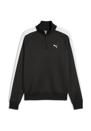 Maglione Puma bianco e nero con zip a quarto, collo e polsini a coste e logo Puma sul petto sinistro.