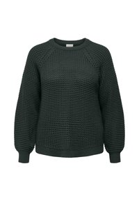 Pulover verde închis tricotat cu gât rotund, cu mâneci lungi ușor bufante și manșete și tiv striate.