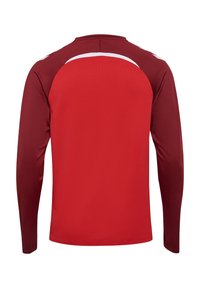 Langärmliges Sporthemd mit rotem Körper und kastanienbraunen Raglansleeves, das einen weißen Akzent über die Schulter verfügt. Glattes, leichtes Material.