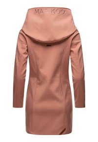 Pink waterproof jacket with a large hood, fitted design, and subtle seam detailing. Features a logo at the back and a small branding accent.