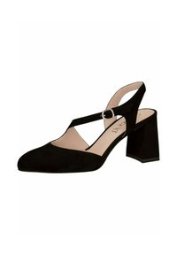 Zapato slingback de ante negro con punta afilada, tacón ancho tipo bloque, diseño recortado y correa ajustable en el tobillo con hebilla de metal.