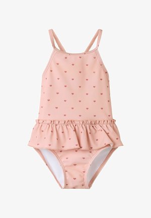 Rosa heldrakt badedrakt for småbarn med tynne stropper, lite rødt hjerte-mønster og en rysjekant rundt livet.