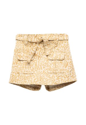 Shorts en imprimé léopard dans des tons de marron clair et beige, dotés d'une taille nouée et de deux poches avant avec des rabats. Matière en coton, surface texturée.