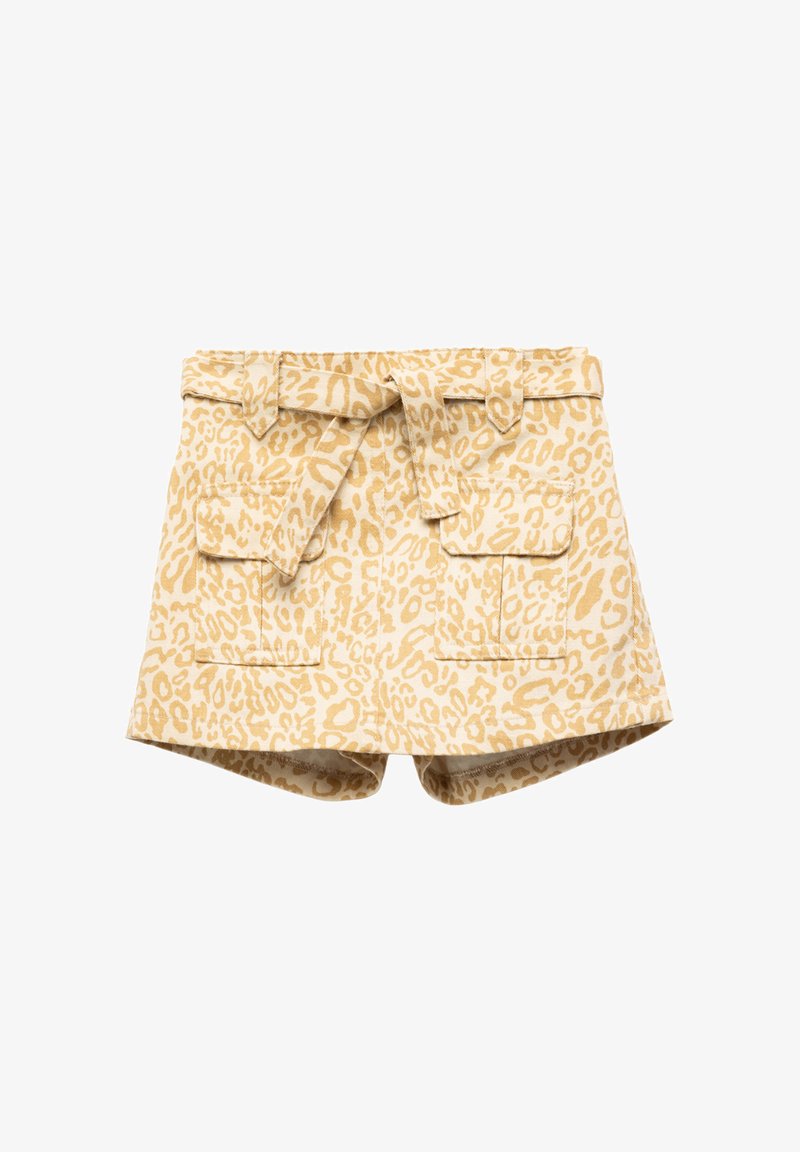 Shorts en imprimé léopard dans des tons de marron clair et beige, dotés d'une taille nouée et de deux poches avant avec des rabats. Matière en coton, surface texturée.