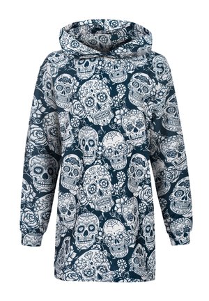 Hoodie mit blauem Hintergrund, weißen Zuckerschädel- und Blumenmustern. Lange Ärmel und ein lässiger Schnitt.