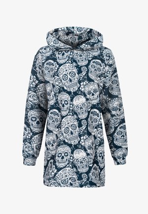 Mikina s kapucí s modrým pozadím a bílými vzory cukrové lebky a květin. Dlouhé rukávy a uvolněný střih.