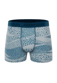 Boxer shorts à motifs bleus et gris, avec une taille douce et un design à pois, offrant une coupe ajustée et une texture lisse.