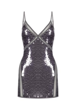 Robe pailletée avec un décolleté en V et de fines bretelles réglables. Présente une bordure grise et une silhouette ajustée. La palette de couleurs comprend du gris foncé et de l'argent.