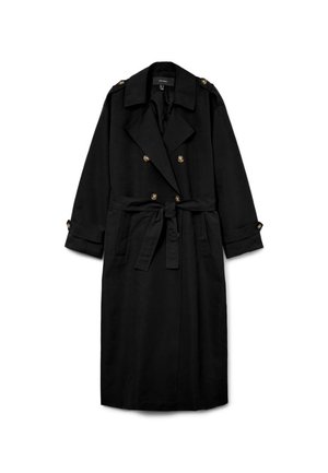 Melns garš tranšs mētelis ar dubulto pogu kārtojumu, platām atloka apkaklēm, jostu viduklī, pogām aizpogātām plecu uzlikām un piedurknēm ar pogām.