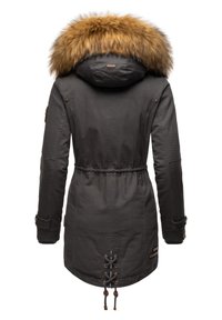 Gray parka jacket with a fur-lined hood, elastic drawstring waist, ribbed cuffs, and lace-up detail at the back. Features bronze hardware accents.