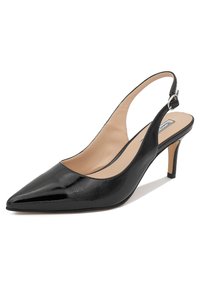 Décolleté in vernice nera con punta affusolata, tacco sottile e cinturino regolabile. Interno beige. Texture liscia, design minimale.