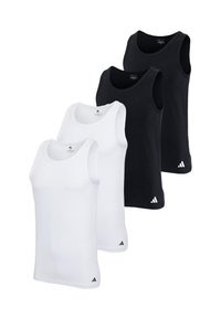 Tre linnen i svart och vitt, med rund halsringning, ärmlös design och Adidas-logotyp på sidan av fållen.