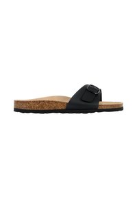 Sort slidesandal med korkfodersål, der har en bred strop og spænde detaljer. Letvægts og flad sål med struktureret skridsikker overflade.