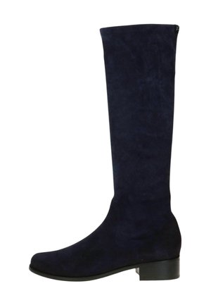 Bottes en suède bleu marine hauteur genou, avec un bout rond et un petit talon carré. Texture lisse sans accessoires ni motifs visibles.