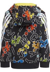 Sudadera con capucha negra que presenta estampados de personajes de dibujos animados coloridos, franjas blancas en las mangas y un forro interior amarillo.