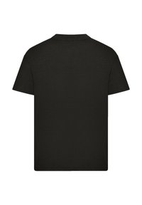 Black short-sleeved T-shirt with a round neckline and a smooth, soft texture. Features a plain design with no visible graphics or patterns.