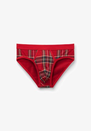 Červené spodní prádlo s kostkovaným vzorem v různých odstínech červené, zelené a žluté, s jednobarevným červeným pasem a lemováním.