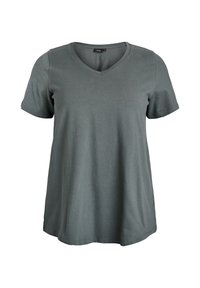 Tričko s krátkým rukávem ve tvaru V v tmavě zelené barvě, vyrobené z měkké bavlněné tkaniny. Volný střih, jemná textura, minimální detaily a rovný lem.